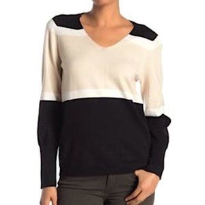 New Devotion by Cyrus Colorblock Stripe V-Neck Sweater Black Cream Size XL